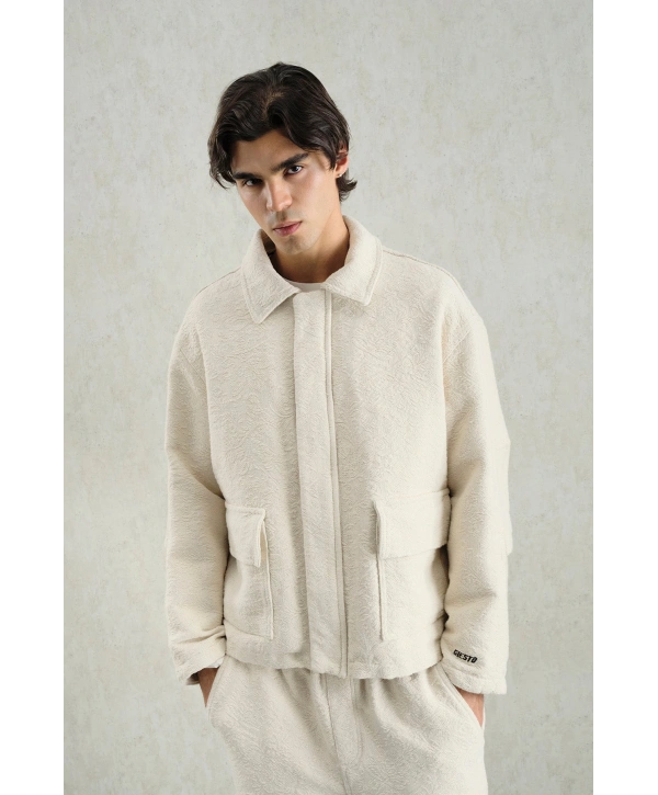 Erkek Owersize Kaşe Bomber Kendinden Desenli Mont -Bej