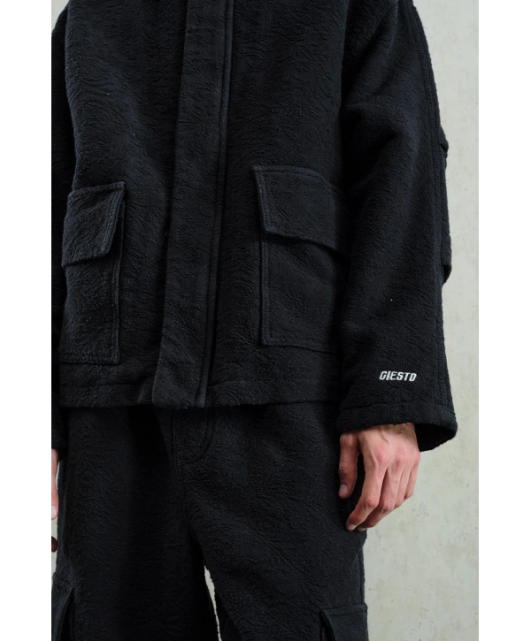 Erkek Owersize Kaşe Bomber Kendinden Desenli Mont -Siyah