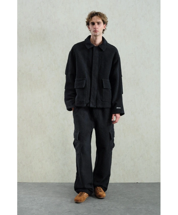 Erkek Owersize Kaşe Bomber Kendinden Desenli Mont -Siyah