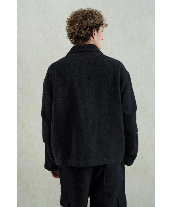 Erkek Owersize Kaşe Bomber Kendinden Desenli Mont -Siyah