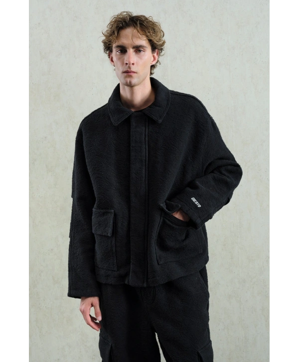 Erkek Owersize Kaşe Bomber Kendinden Desenli Mont -Siyah