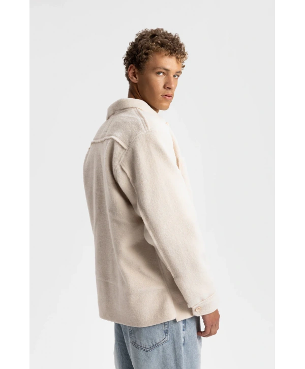 Erkek Owersize Kaşe Gömlek-Krem