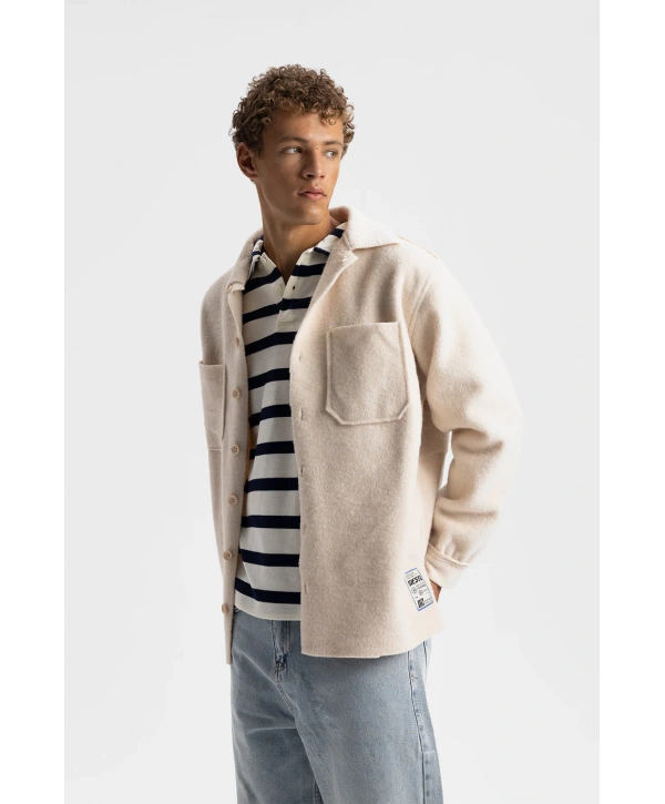 Erkek Owersize Kaşe Gömlek-Krem