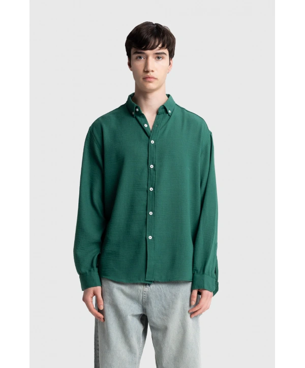 Erkek Owersize Keten Gömlek- Benettin -Yeşil