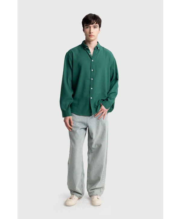 Erkek Owersize Keten Gömlek- Benettin -Yeşil