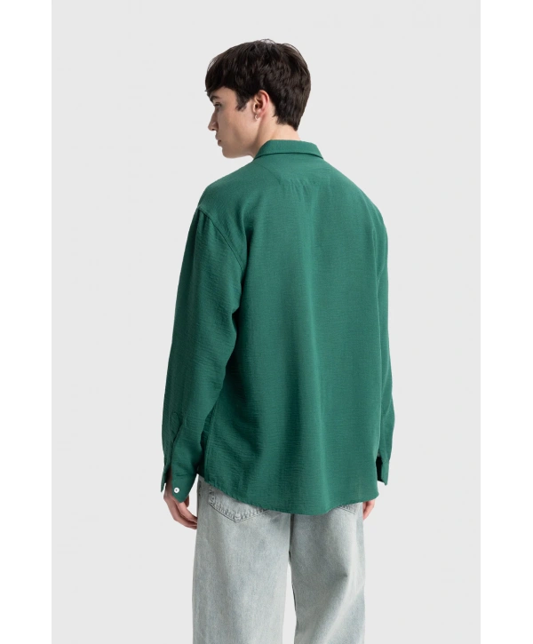 Erkek Owersize Keten Gömlek- Benettin -Yeşil