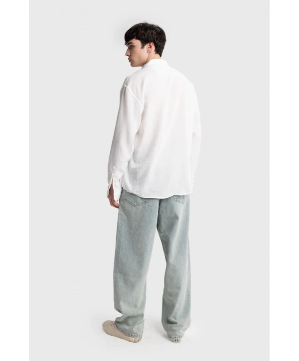 Erkek Owersize Keten Gömlek- Beyaz