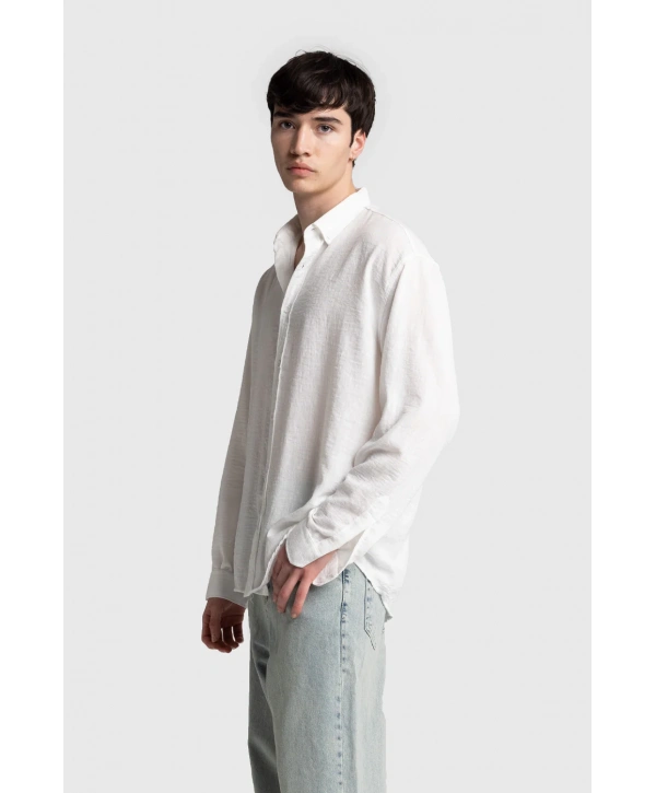 Erkek Owersize Keten Gömlek- Beyaz