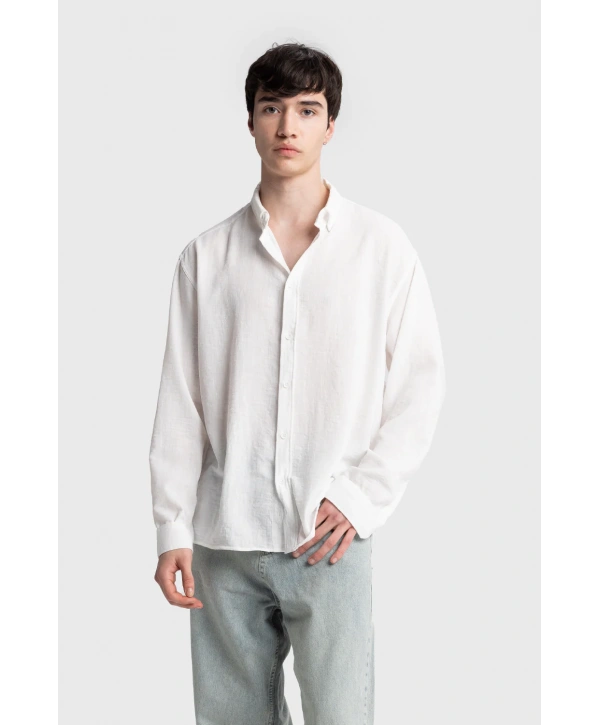 Erkek Owersize Keten Gömlek- Beyaz