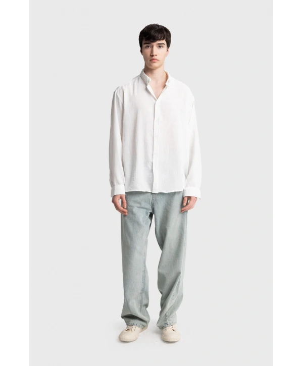 Erkek Owersize Keten Gömlek- Beyaz