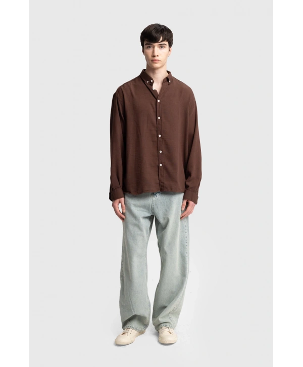 Erkek Owersize Keten Gömlek- Kahverengi