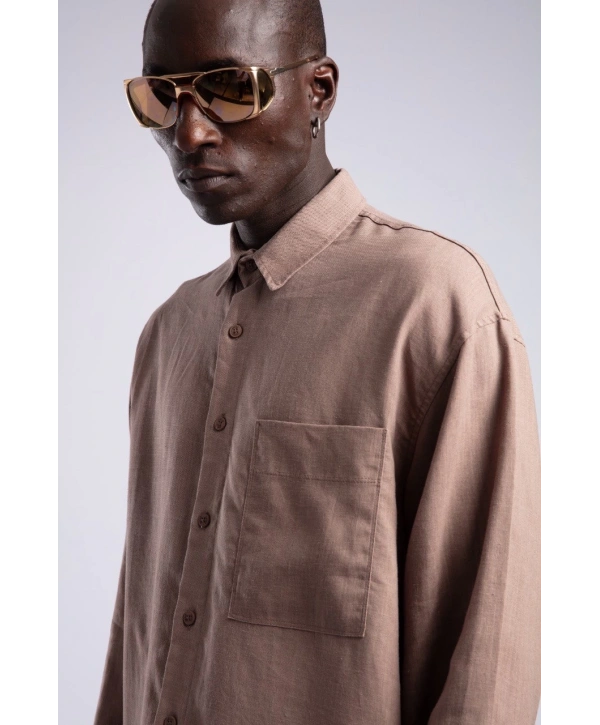 Erkek Owersize Keten Gömlek - Kahverengi