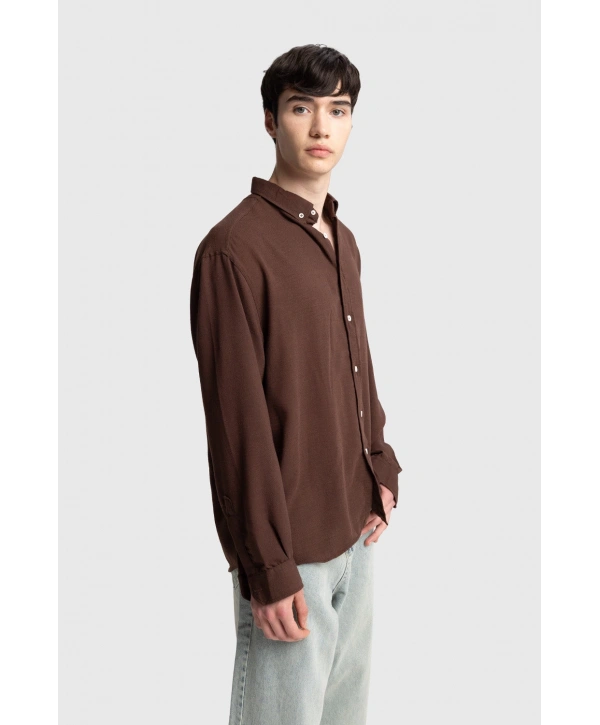 Erkek Owersize Keten Gömlek- Kahverengi