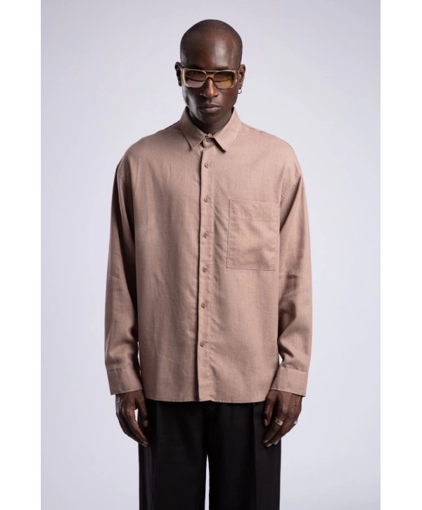 Erkek Owersize Keten Gömlek - Kahverengi