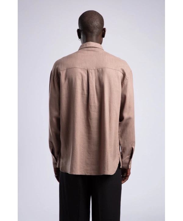 Erkek Owersize Keten Gömlek - Kahverengi