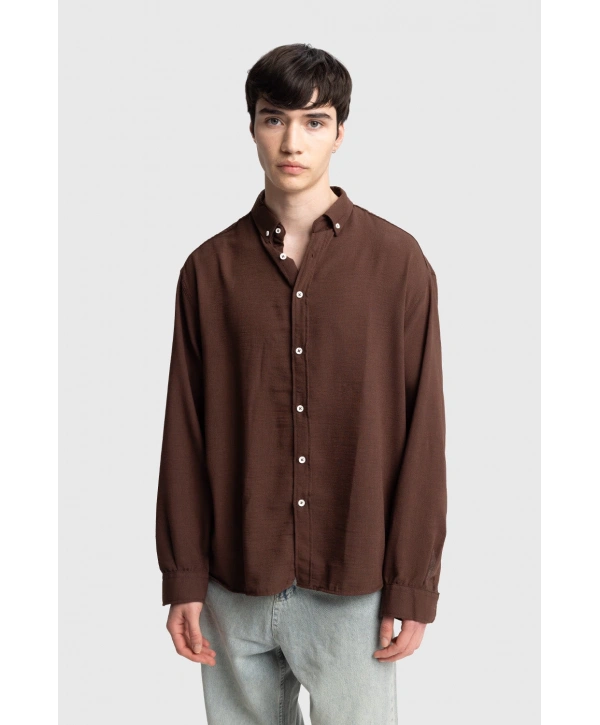 Erkek Owersize Keten Gömlek- Kahverengi