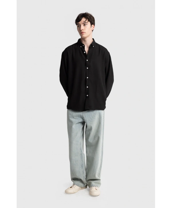 Erkek Owersize Keten Gömlek- Siyah