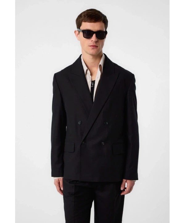 Erkek Owersıze Keten Kruvaze Ceket - Siyah