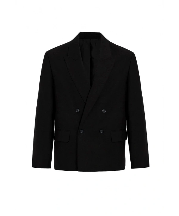 Erkek Owersıze Keten Kruvaze Ceket - Siyah