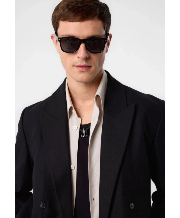 Erkek Owersıze Keten Kruvaze Ceket - Siyah