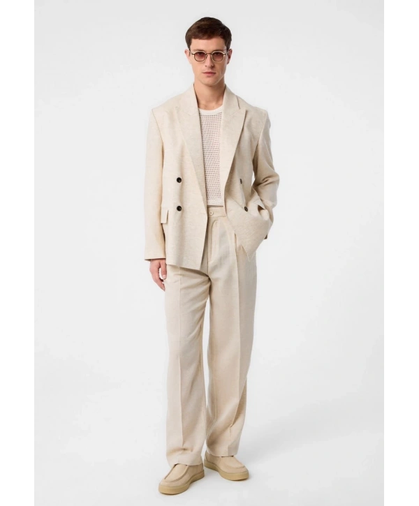 Erkek Owersıze Keten KruvazeTakım Elbise-Krem