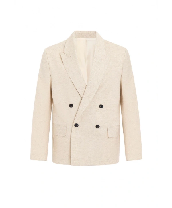 Erkek Owersıze Keten KruvazeTakım Elbise-Krem