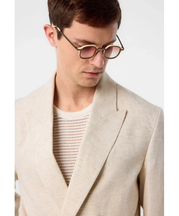 Erkek Owersıze Keten KruvazeTakım Elbise-Krem