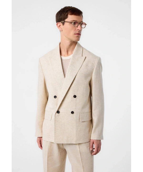 Erkek Owersıze Keten KruvazeTakım Elbise-Krem