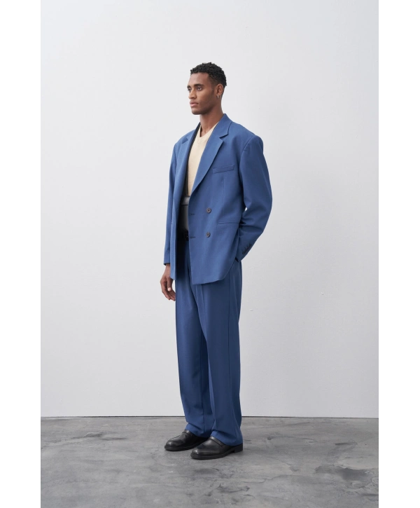 Erkek Owersıze Kruvaze Takım Elbise-Mavi