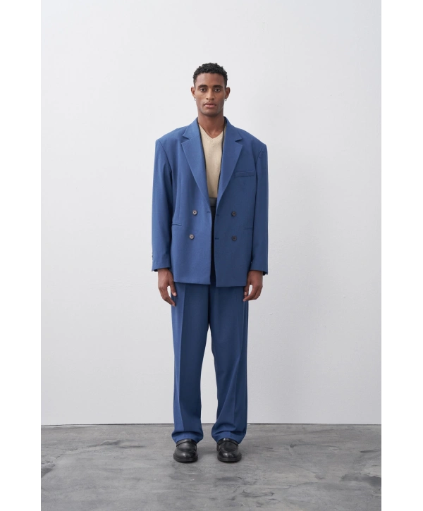 Erkek Owersıze Kruvaze Takım Elbise-Mavi
