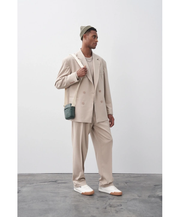 Erkek Owersıze Kruvaze Takım Elbise-Krem