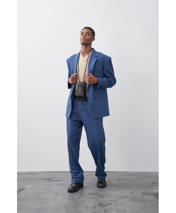 Erkek Owersıze Kruvaze Takım Elbise-Mavi
