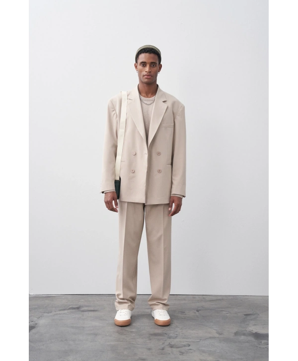 Erkek Owersıze Kruvaze Takım Elbise-Krem