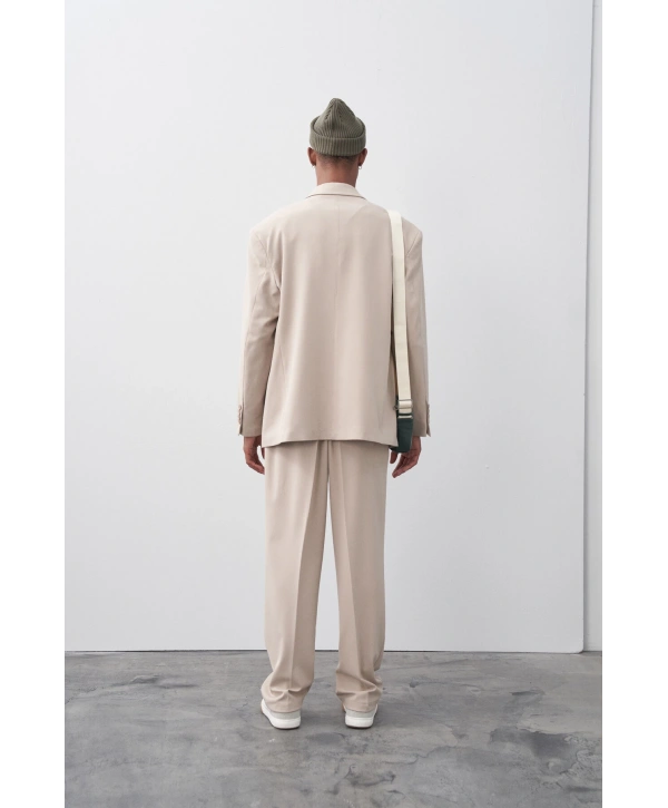 Erkek Owersıze Kruvaze Takım Elbise-Krem