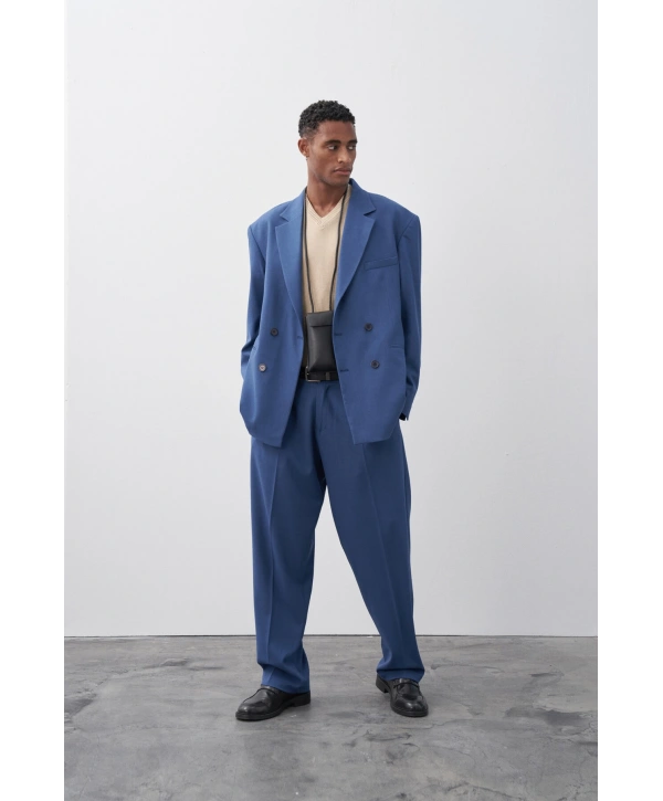 Erkek Owersıze Kruvaze Takım Elbise-Mavi