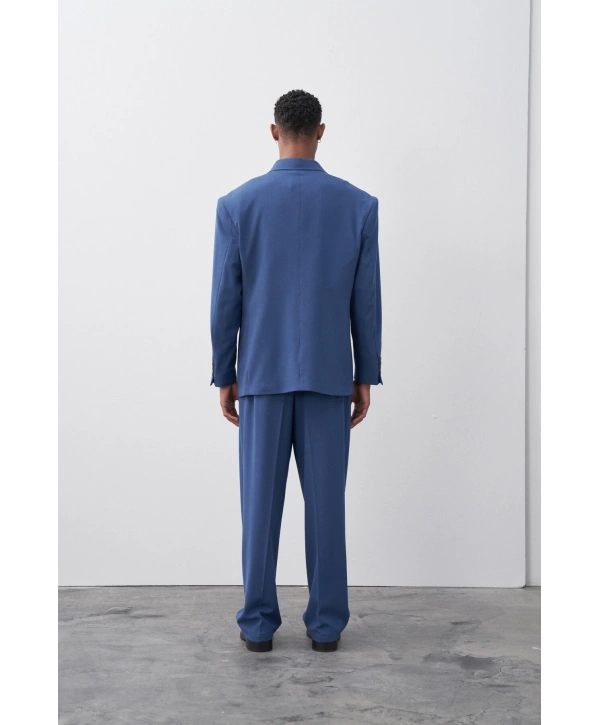 Erkek Owersıze Kruvaze Takım Elbise-Mavi
