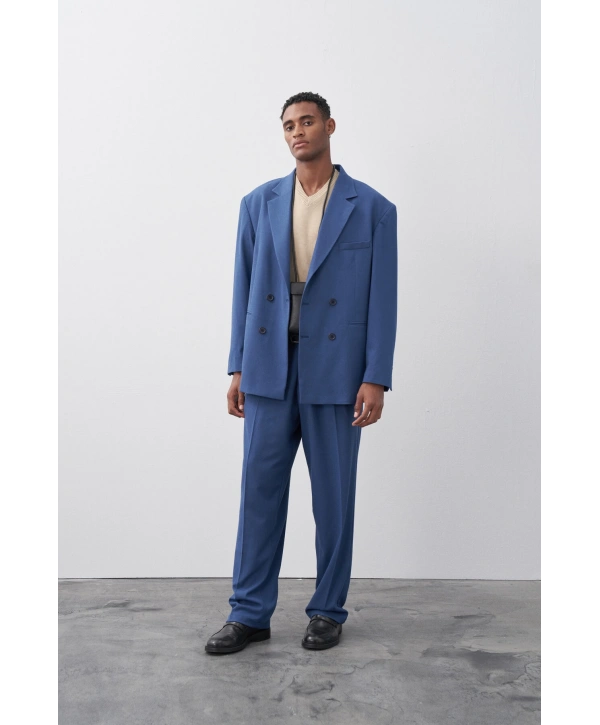 Erkek Owersıze Kruvaze Takım Elbise-Mavi