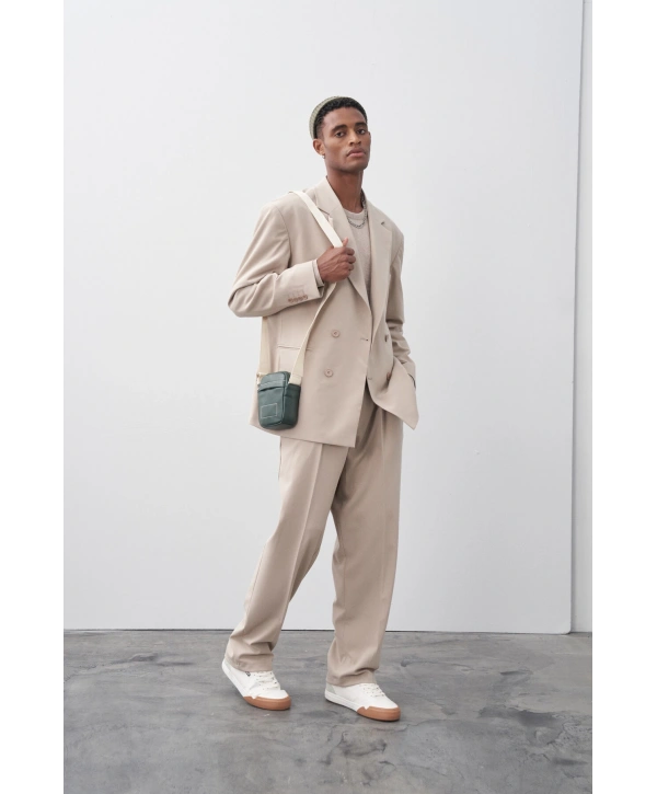 Erkek Owersıze Kruvaze Takım Elbise-Krem