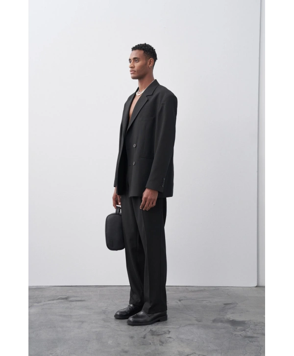 Erkek Owersıze Kruvaze Takım Elbise-Siyah