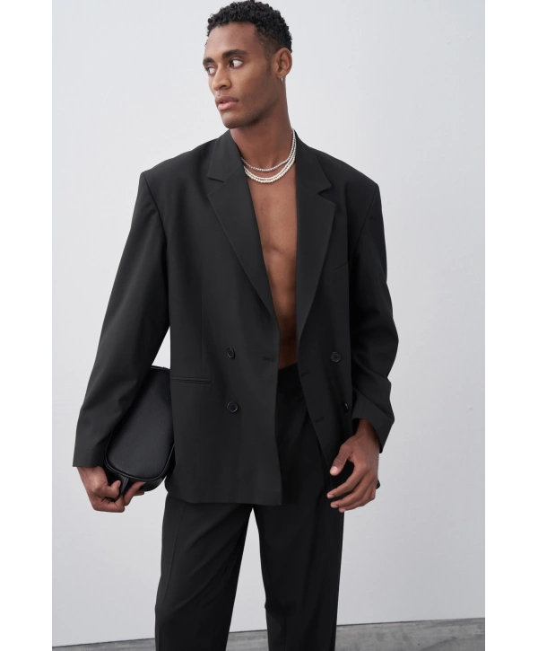 Erkek Owersıze Kruvaze Takım Elbise-Siyah