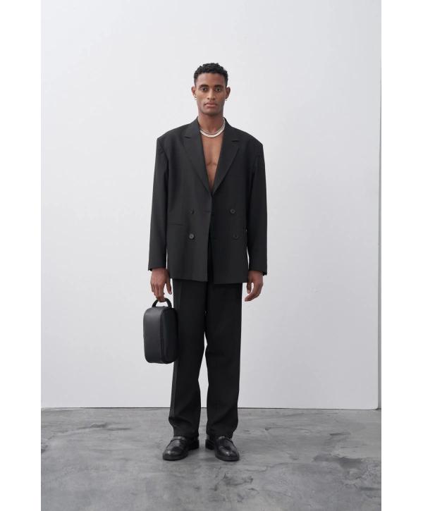 Erkek Owersıze Kruvaze Takım Elbise-Siyah