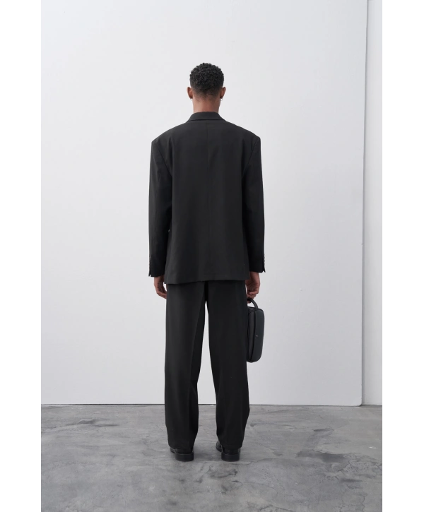 Erkek Owersıze Kruvaze Takım Elbise-Siyah