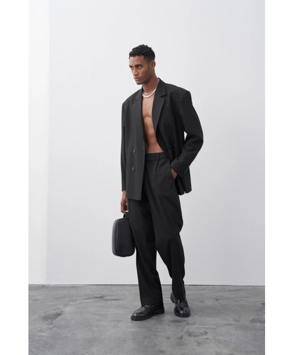 Erkek Owersıze Kruvaze Takım Elbise-Siyah