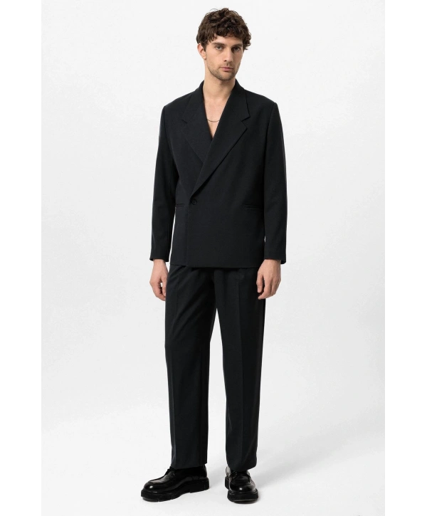 Erkek Owersıze Likralı KruvazeTakım Elbise-Siyah