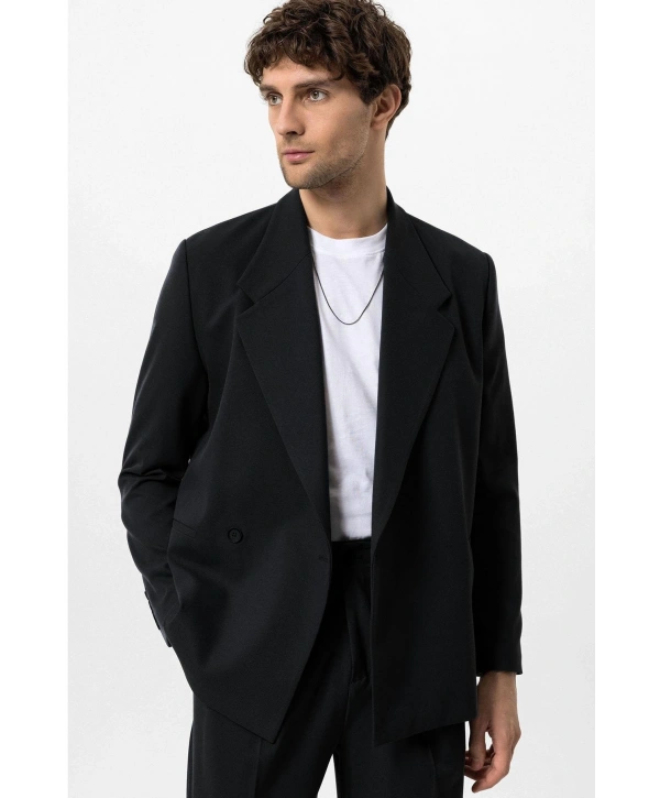 Erkek Owersıze Likralı KruvazeTakım Elbise-Siyah