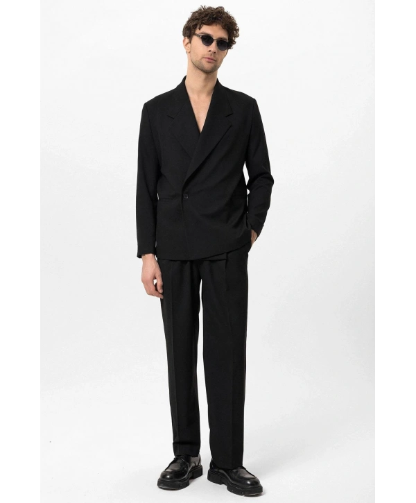 Erkek Owersıze Likralı KruvazeTakım Elbise-Siyah