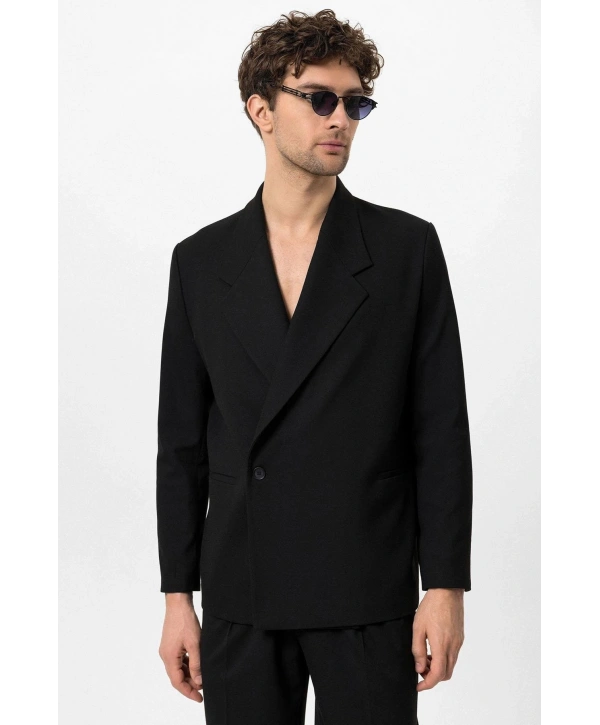 Erkek Owersıze Likralı KruvazeTakım Elbise-Siyah