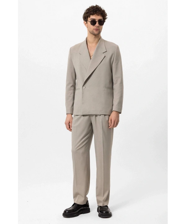 Erkek Owersıze Likralı Takım Elbise-Bej