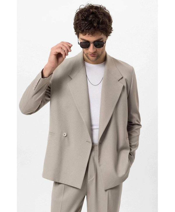 Erkek Owersıze Likralı Takım Elbise-Bej