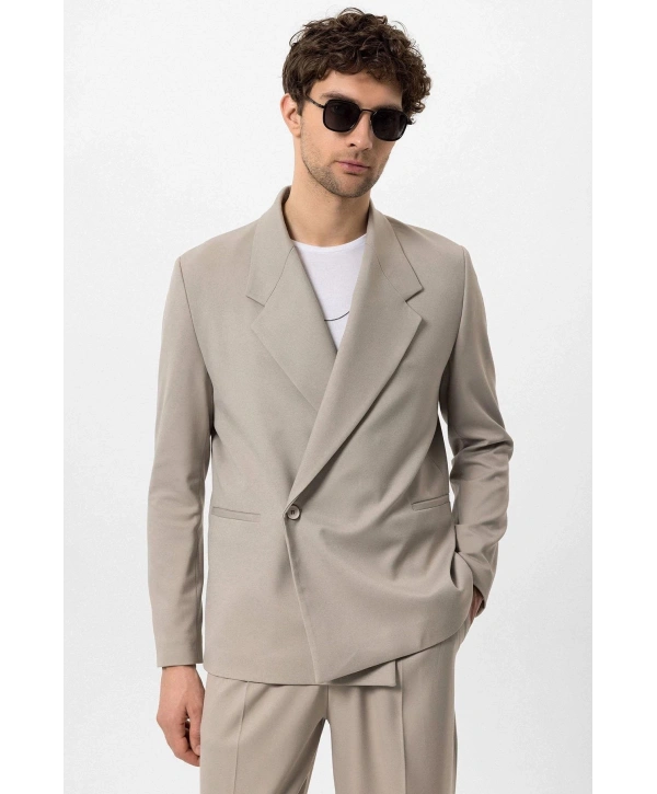 Erkek Owersıze Likralı Takım Elbise-Bej